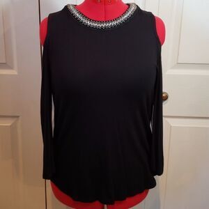 Lily White Black Rhinestone Peek-A-Boo Shoulder Top